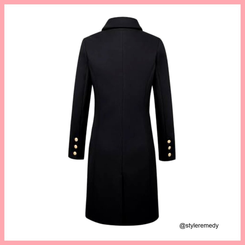 Long Wool Pea Coat Double Breasted Knee Length Office Work Coat - Picture 4 of 7